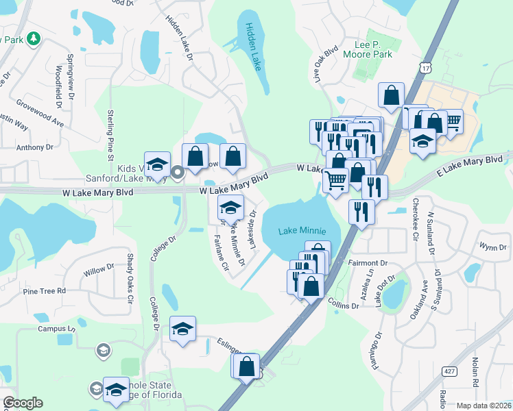 map of restaurants, bars, coffee shops, grocery stores, and more near 202 Driftwood Lane in Sanford