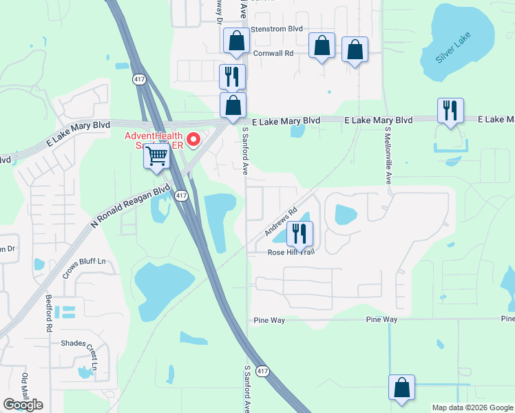 map of restaurants, bars, coffee shops, grocery stores, and more near 3814 Cypress Avenue in Sanford