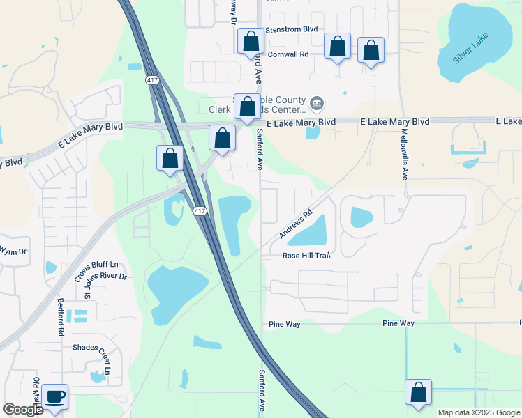 map of restaurants, bars, coffee shops, grocery stores, and more near 3814 Cypress Avenue in Sanford