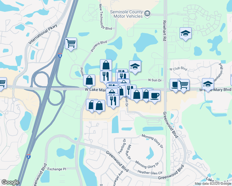 map of restaurants, bars, coffee shops, grocery stores, and more near 4405 West Lake Mary Boulevard in Lake Mary