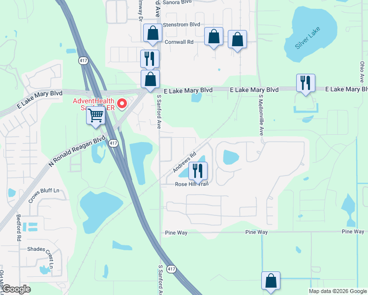 map of restaurants, bars, coffee shops, grocery stores, and more near 3804 Pine Avenue in Sanford