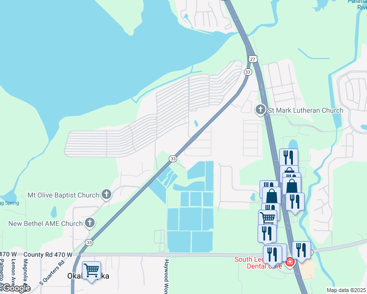 map of restaurants, bars, coffee shops, grocery stores, and more near 28229 Florida 33 in Leesburg