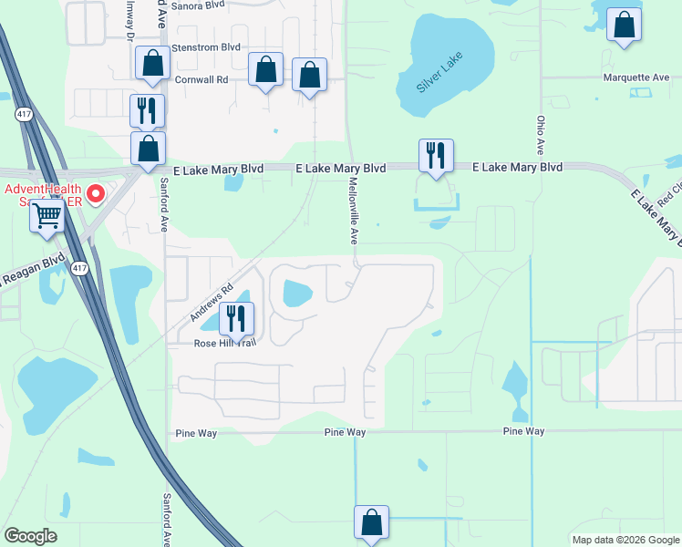 map of restaurants, bars, coffee shops, grocery stores, and more near 1105 Pine Oak Trail in Sanford