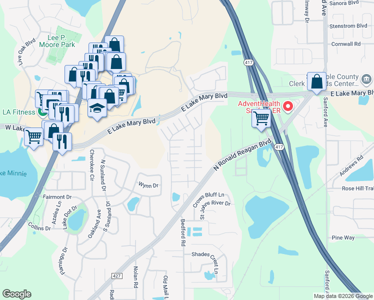 map of restaurants, bars, coffee shops, grocery stores, and more near 500 Carriage Cove Way in Sanford