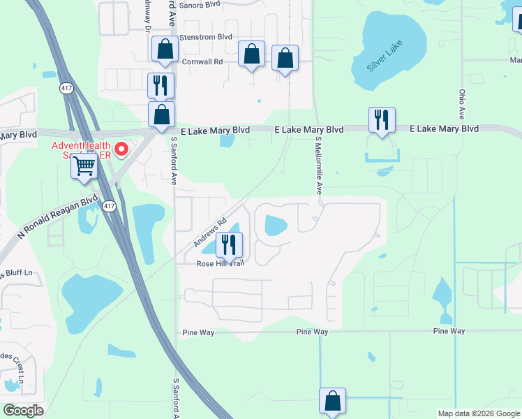map of restaurants, bars, coffee shops, grocery stores, and more near 2230 Pine Oak Trail in Sanford