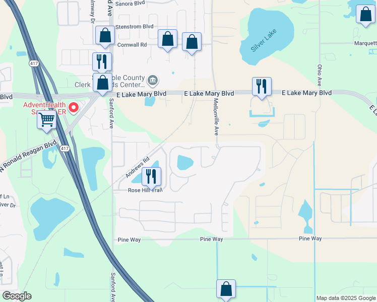 map of restaurants, bars, coffee shops, grocery stores, and more near 1511 Pine Oak Trail in Sanford