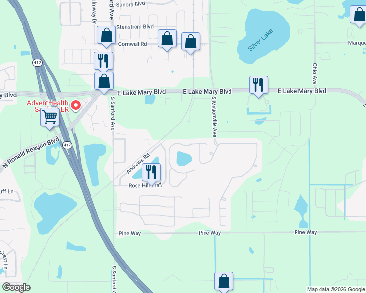 map of restaurants, bars, coffee shops, grocery stores, and more near 1290 Pine Oak Trail in Sanford
