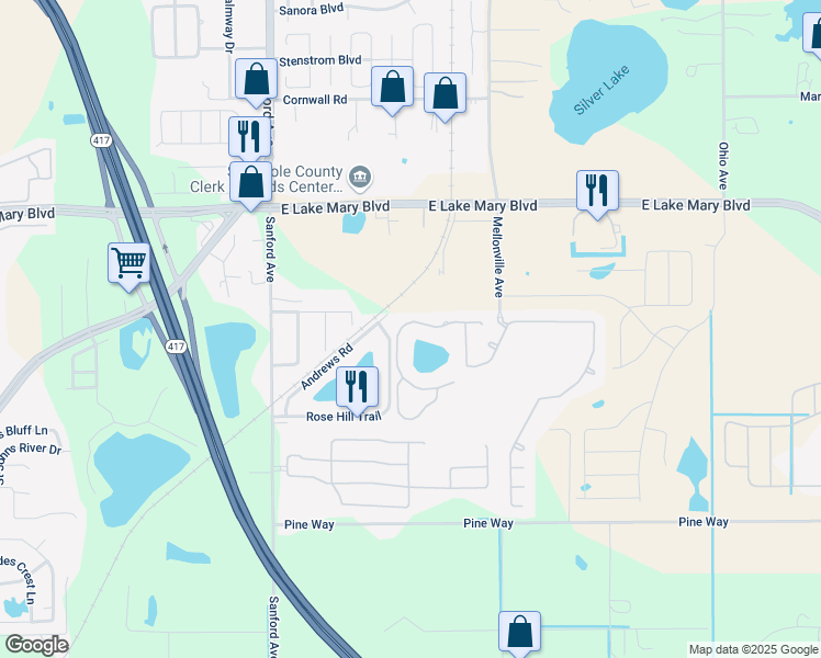 map of restaurants, bars, coffee shops, grocery stores, and more near 2031 Pine Oak Trail in Sanford