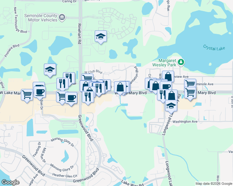 map of restaurants, bars, coffee shops, grocery stores, and more near West Lake Mary Boulevard in Lake Mary
