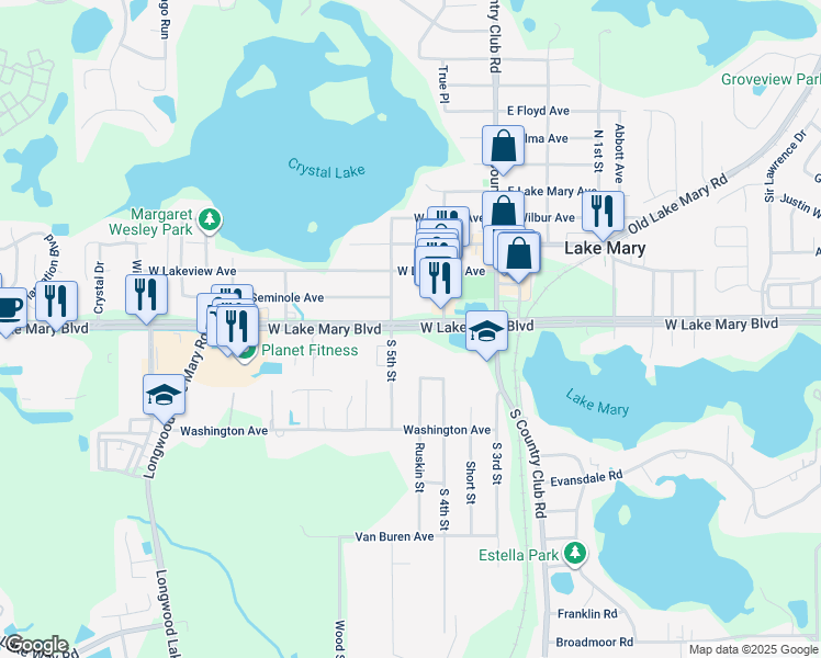 map of restaurants, bars, coffee shops, grocery stores, and more near 2605 West Lake Mary Boulevard in Lake Mary