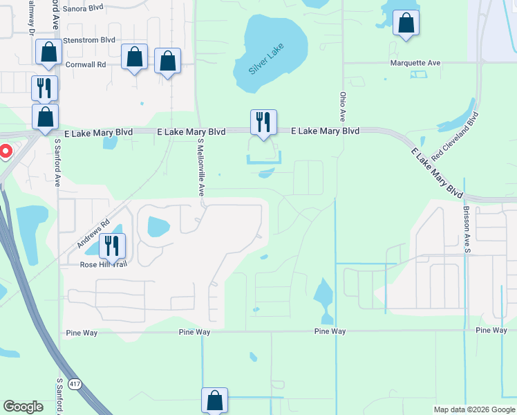 map of restaurants, bars, coffee shops, grocery stores, and more near 184 Magnolia Park Trail in Sanford