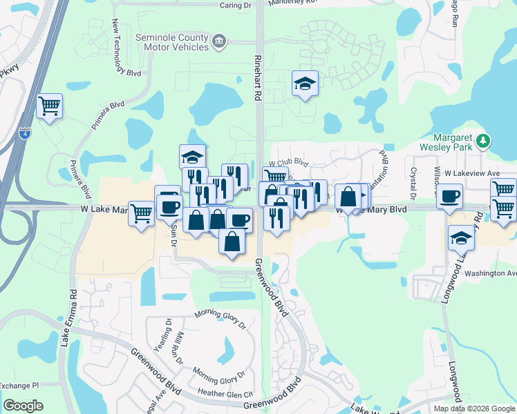 map of restaurants, bars, coffee shops, grocery stores, and more near W Lake Mary Blvd & Greenwood Blvd in Lake Mary