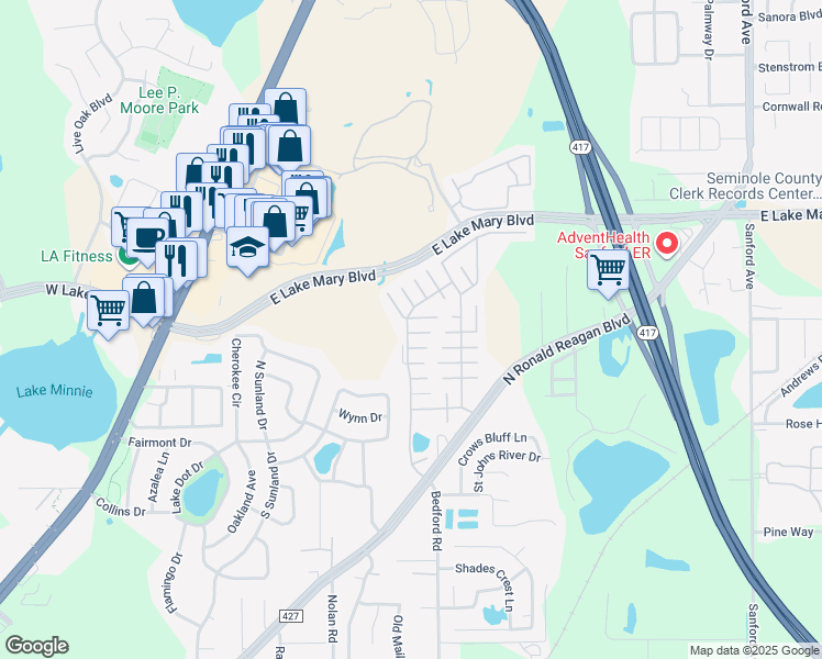 map of restaurants, bars, coffee shops, grocery stores, and more near 256 Wagon Wheel Court in Sanford