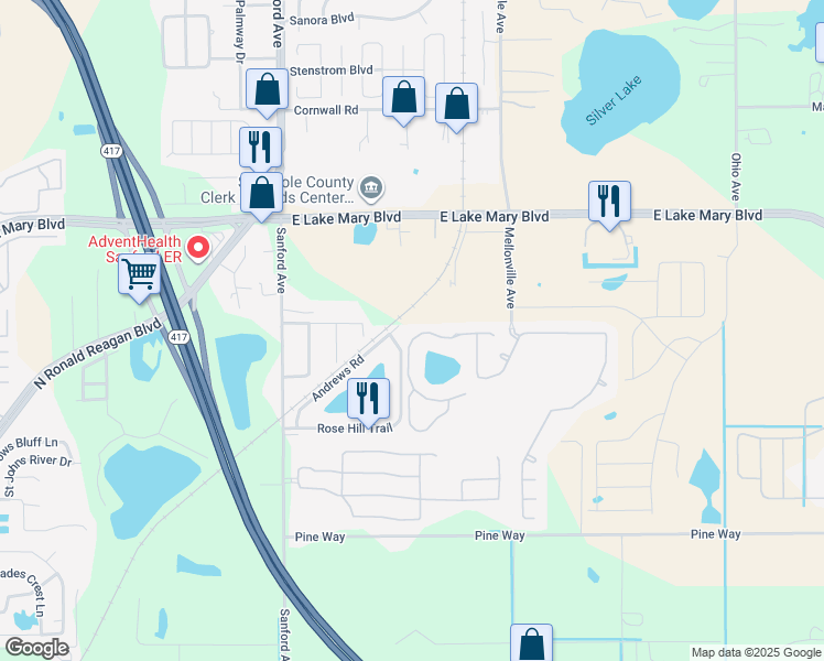 map of restaurants, bars, coffee shops, grocery stores, and more near 2230 Pine Oak Trail in Sanford