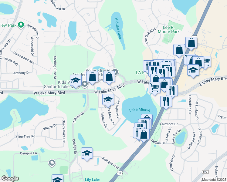 map of restaurants, bars, coffee shops, grocery stores, and more near 101 Driftwood Lane in Sanford