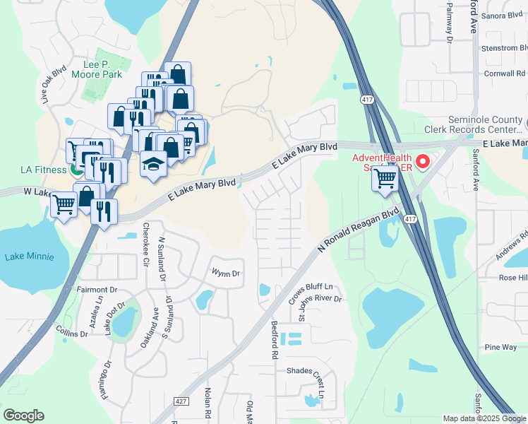 map of restaurants, bars, coffee shops, grocery stores, and more near 256 Wagon Wheel Court in Sanford