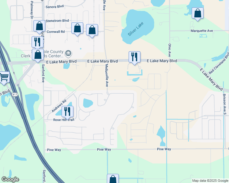 map of restaurants, bars, coffee shops, grocery stores, and more near 154 Magnolia Park Trail in Sanford