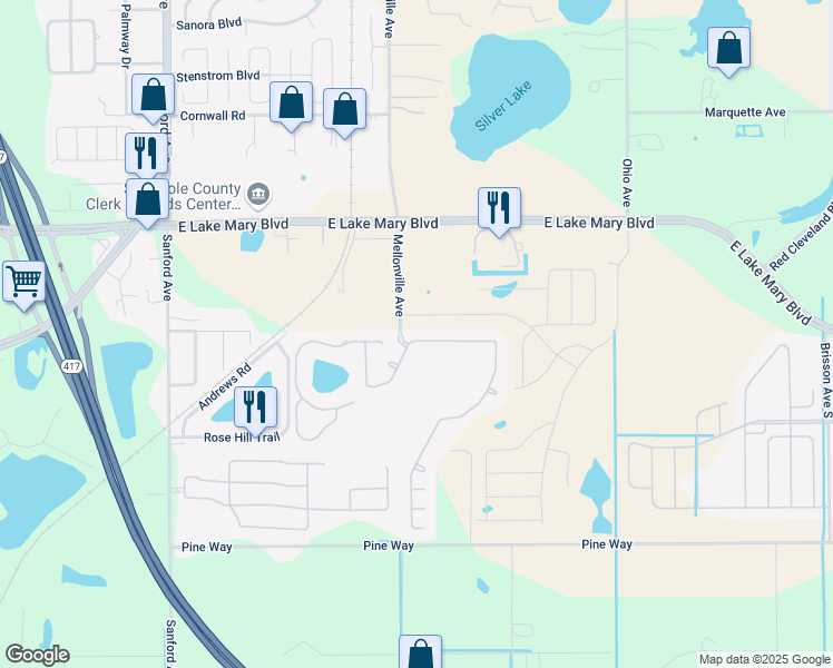 map of restaurants, bars, coffee shops, grocery stores, and more near 150 Magnolia Park Trail in Sanford