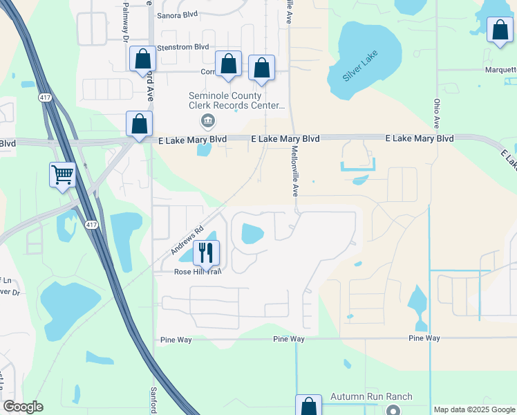 map of restaurants, bars, coffee shops, grocery stores, and more near 1290 Pine Oak Trail in Sanford