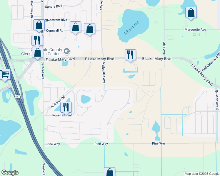 map of restaurants, bars, coffee shops, grocery stores, and more near 150 Magnolia Park Trail in Sanford