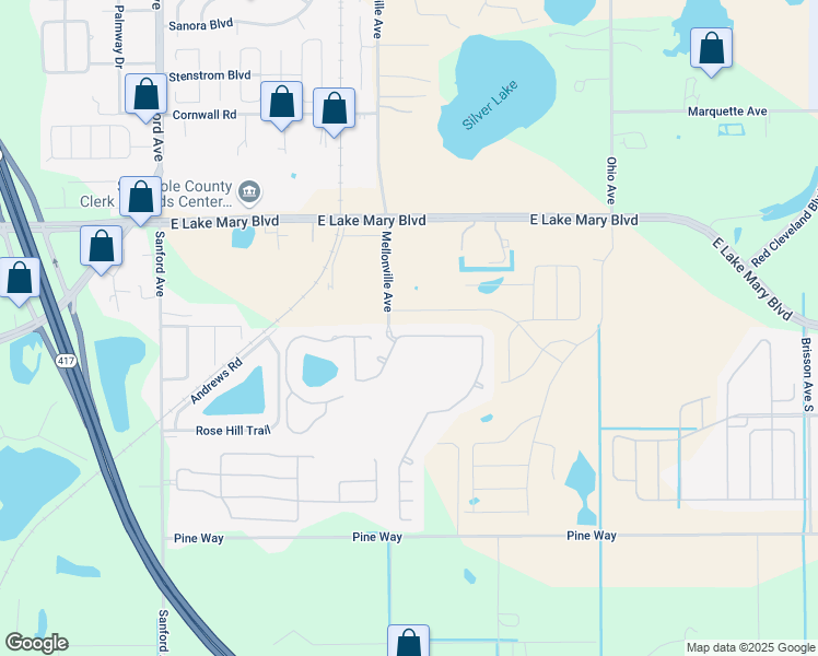 map of restaurants, bars, coffee shops, grocery stores, and more near 150 Magnolia Park Trail in Sanford