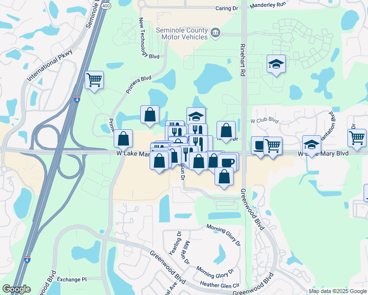 map of restaurants, bars, coffee shops, grocery stores, and more near 700 North Sun Drive in Lake Mary