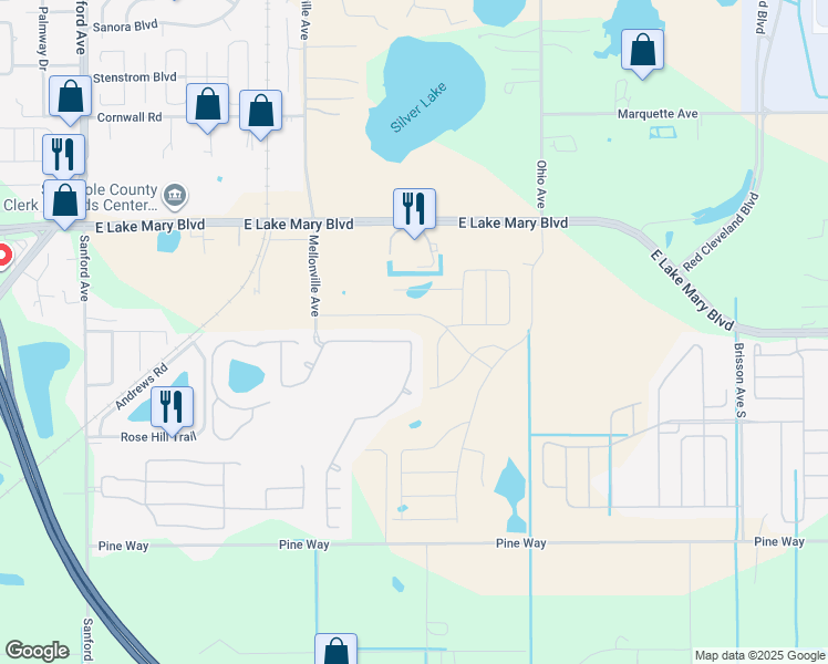 map of restaurants, bars, coffee shops, grocery stores, and more near 184 Magnolia Park Trail in Sanford