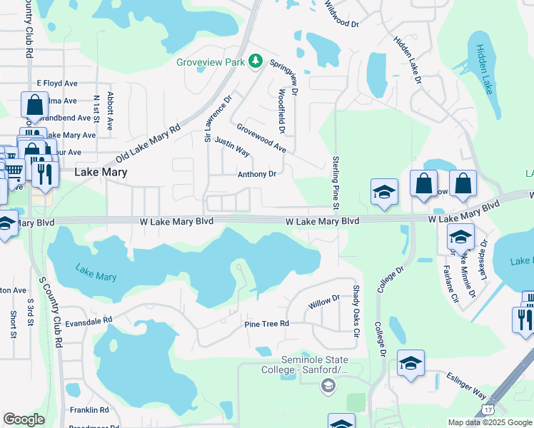 map of restaurants, bars, coffee shops, grocery stores, and more near 11023 Groveview Way in Sanford
