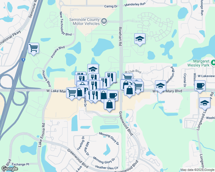 map of restaurants, bars, coffee shops, grocery stores, and more near 4094 W Lake Mary Blvd in Lake Mary