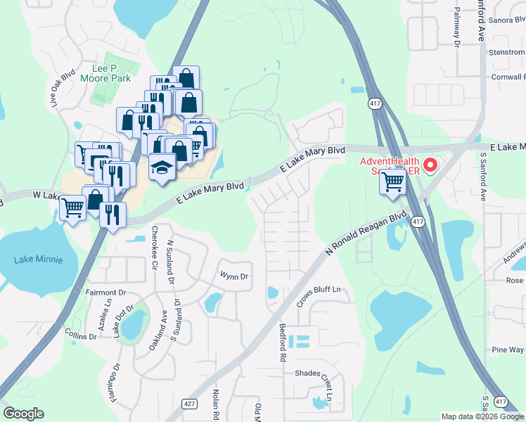 map of restaurants, bars, coffee shops, grocery stores, and more near 256 Wagon Wheel Court in Sanford