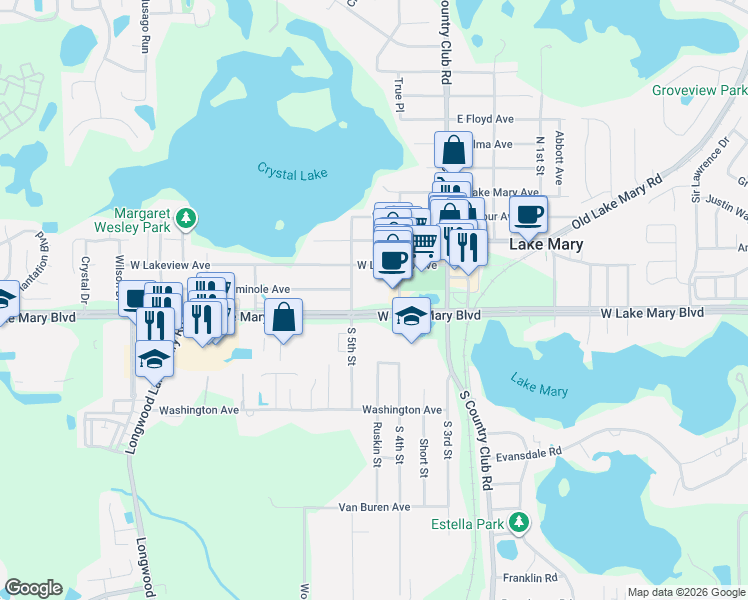 map of restaurants, bars, coffee shops, grocery stores, and more near 2601 West Lake Mary Boulevard in Lake Mary