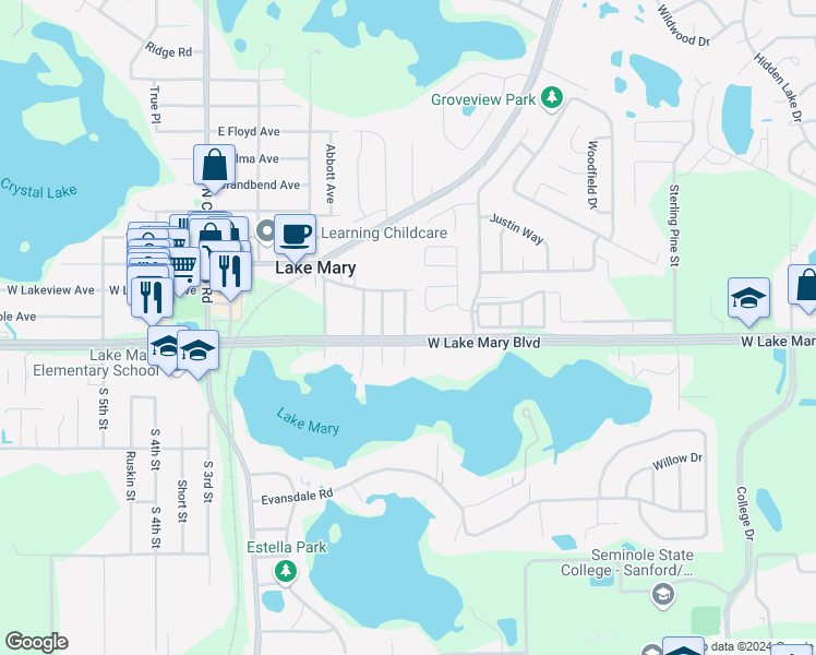 map of restaurants, bars, coffee shops, grocery stores, and more near 294 West Lake Mary Boulevard in Sanford