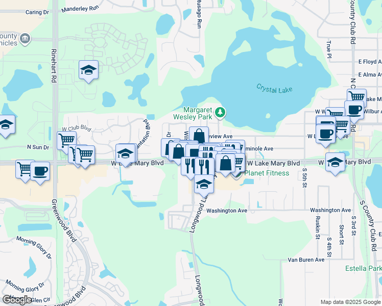 map of restaurants, bars, coffee shops, grocery stores, and more near 3256 West Lake Mary Boulevard in Lake Mary