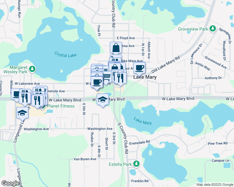 map of restaurants, bars, coffee shops, grocery stores, and more near 2264 West Lake Mary Boulevard in Lake Mary