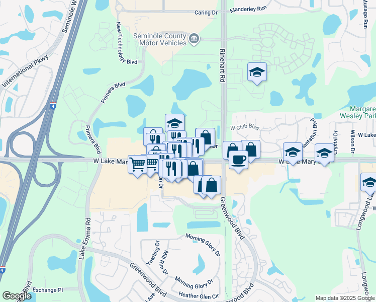 map of restaurants, bars, coffee shops, grocery stores, and more near 4094 West Lake Mary Boulevard in Lake Mary