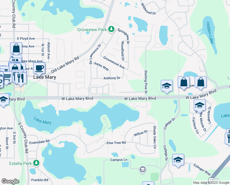 map of restaurants, bars, coffee shops, grocery stores, and more near 11023 Groveview Way in Sanford