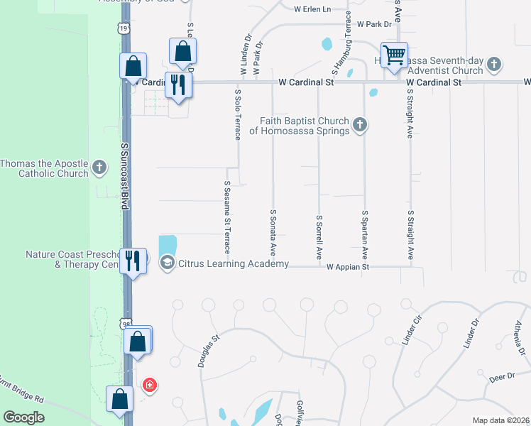 map of restaurants, bars, coffee shops, grocery stores, and more near 7230 South Sonata Avenue in Homosassa