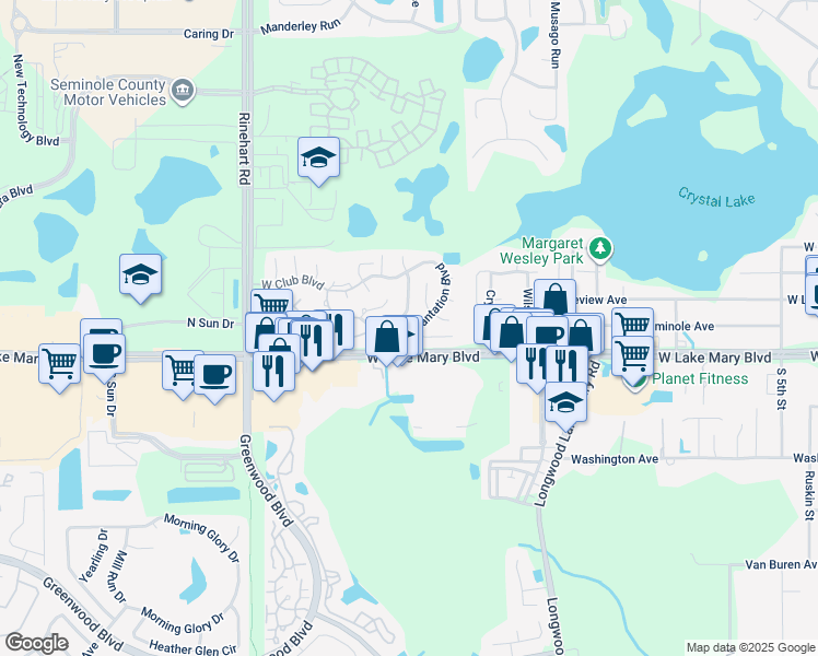 map of restaurants, bars, coffee shops, grocery stores, and more near in Lake Mary