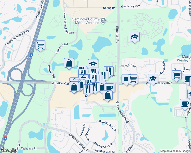 map of restaurants, bars, coffee shops, grocery stores, and more near in Lake Mary