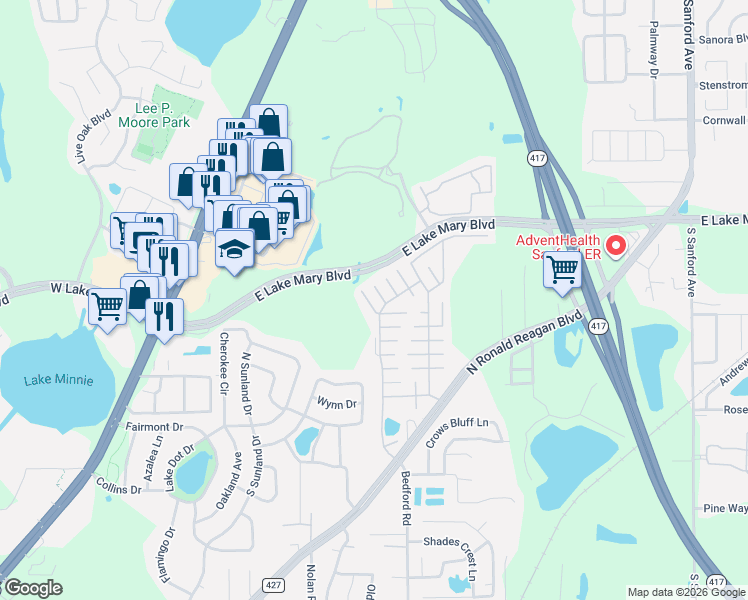 map of restaurants, bars, coffee shops, grocery stores, and more near 256 Wagon Wheel Court in Sanford