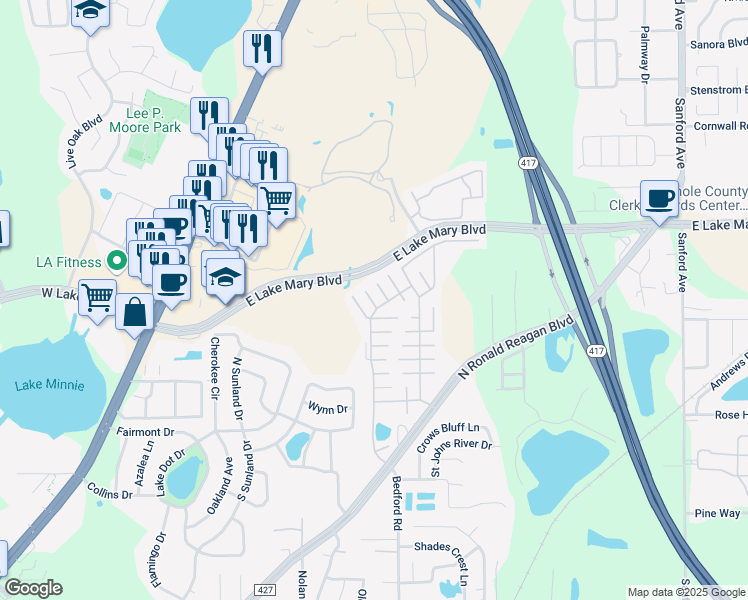 map of restaurants, bars, coffee shops, grocery stores, and more near 356 Golf Cove Court in Sanford
