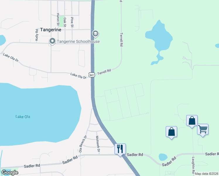map of restaurants, bars, coffee shops, grocery stores, and more near 5241 Terrell Road in Mount Dora
