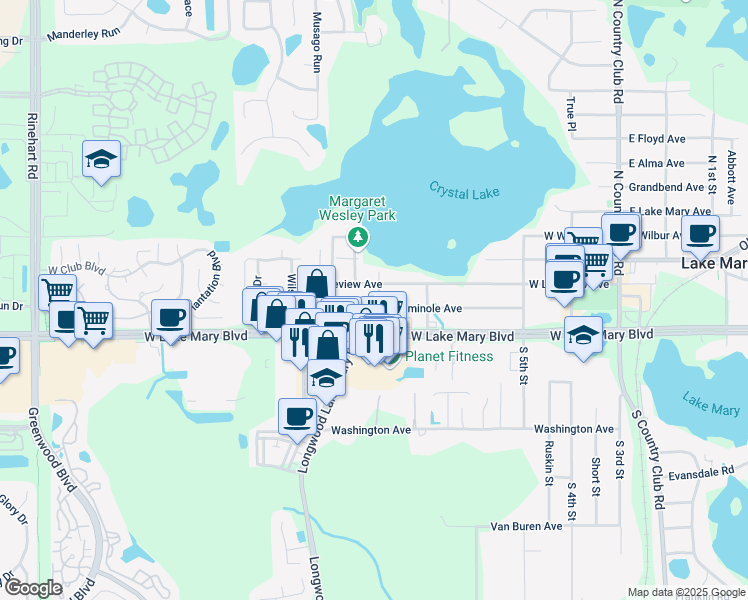 map of restaurants, bars, coffee shops, grocery stores, and more near 148 North 8th Street in Lake Mary