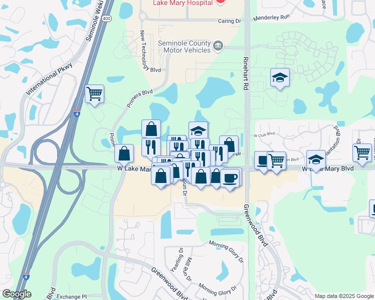 map of restaurants, bars, coffee shops, grocery stores, and more near 766 North Sun Drive in Lake Mary