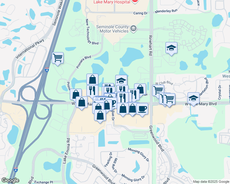 map of restaurants, bars, coffee shops, grocery stores, and more near 766 North Sun Drive in Lake Mary