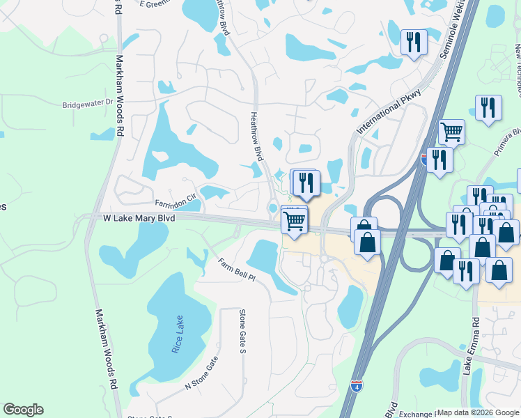 map of restaurants, bars, coffee shops, grocery stores, and more near 228 Wimbledon Circle in Lake Mary