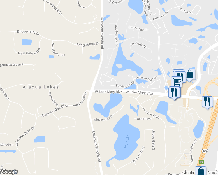 map of restaurants, bars, coffee shops, grocery stores, and more near 1434 Farrindon Circle in Lake Mary