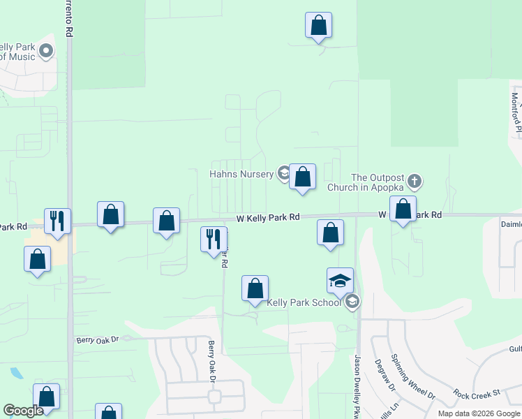 map of restaurants, bars, coffee shops, grocery stores, and more near 2431 Park Ridge Street in Apopka