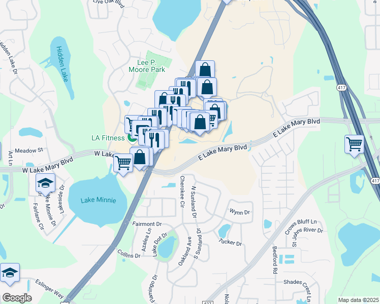 map of restaurants, bars, coffee shops, grocery stores, and more near 400 East Lake Mary Boulevard in Sanford