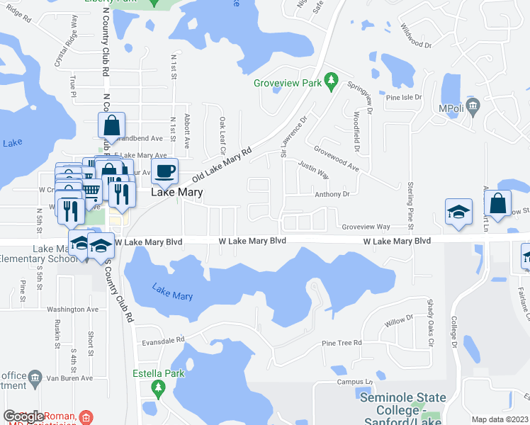 map of restaurants, bars, coffee shops, grocery stores, and more near 104 Hazel Boulevard in Sanford